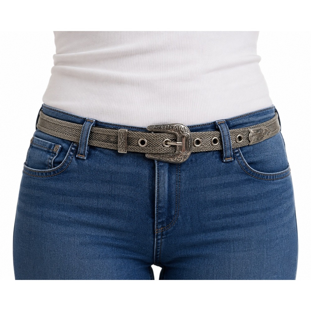 Women's Vintage Western Mesh Belt S/M Silver Tone Engraved Buckle Boho